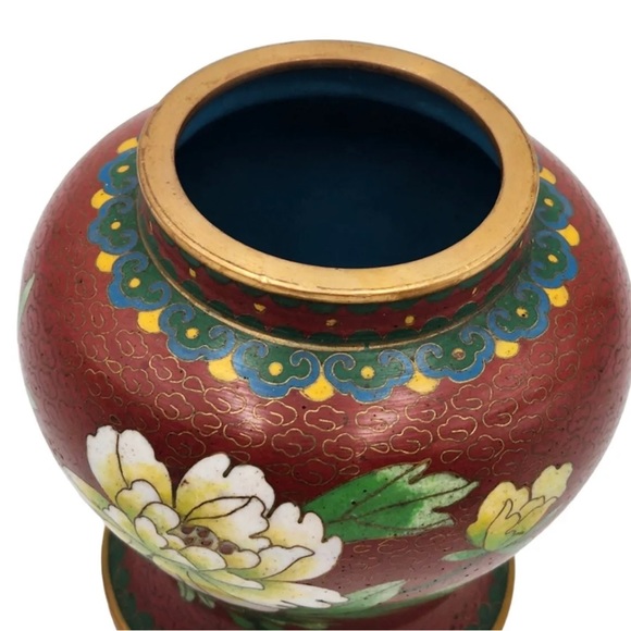 Vintage Dark Red Peony Design Chinese Brass Cloisonné Ginger/Tea Jar * Pristine - Picture 6 of 11